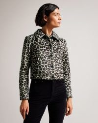 TED BAKER Pelham Cropped Leopard Print Jacket in Black ~ glamorous animal prints ~ womens collared crop hem jackets