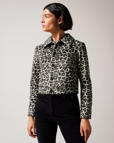 TED BAKER Pelham Cropped Leopard Print Jacket in Black ~ glamorous animal prints ~ womens collared crop hem jackets - flipped