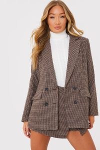 PERRIE SIAN BROWN CHECK WOOLEN BLAZER ~ womens checked celebrity inspired jackets ~ women’s on-trend blazers
