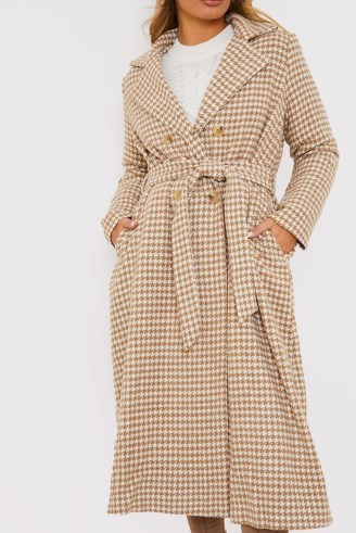PERRIE SIAN CREAM HOUNDSTOOTH LONGLINE BELTED LIGHTWEIGHT COAT ~ womens checked tie waist coats