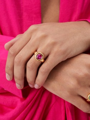 TIMELESS PEARLY Pink crystal & 18kt gold-plated ring – womens chunky coloured stone rings