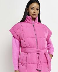 RIVER ISLAND PINK PADDED BELTED GILET ~ womens cap sleeved tie waist gilets