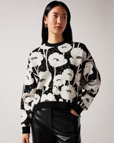 TED BAKER Pipha Cropped Jacquard Knitted Jumper in Black / floral monochrome crop hem jumpers / womens black and white patterned sweaters - flipped