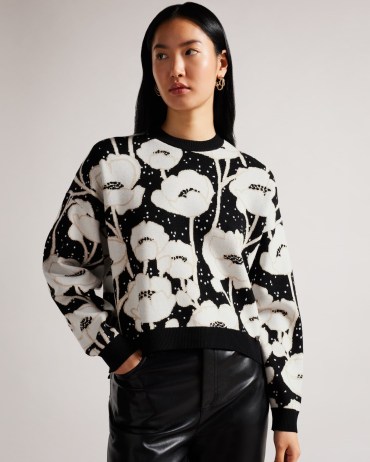 TED BAKER Pipha Cropped Jacquard Knitted Jumper in Black / floral monochrome crop hem jumpers / womens black and white patterned sweaters
