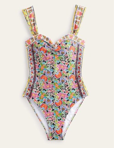 Boden Pleated Sweetheart Swimsuit Multi, Carnation Garden / floral print high leg ruched bust swimsuits / womens swimwear
