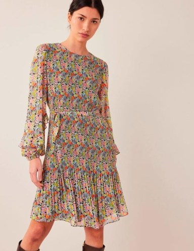 Boden Plisse Mini Dress in Multi, Carnation Garden / long sleeve tie waist floral print dresses - flipped