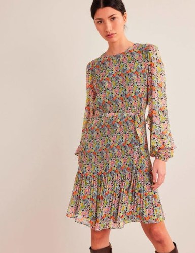 Boden Plisse Mini Dress in Multi, Carnation Garden / long sleeve tie waist floral print dresses
