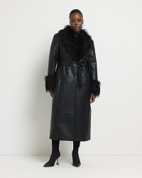 RIVER ISLAND PLUS BLACK FAUX FUR LONGLINE COAT – womens plus size fake leather shaggy trim coats