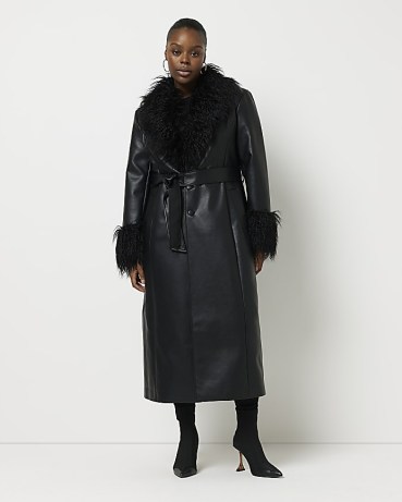 RIVER ISLAND PLUS BLACK FAUX FUR LONGLINE COAT – womens plus size fake leather shaggy trim coats - flipped