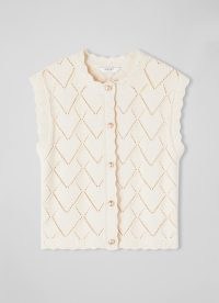 L.K. BENNETT Prim Cream Cotton-Merino Pointelle Knit Sleeveless Cardigan ~ womens cap sleeve scalloped trim cardigans