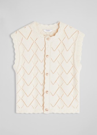 L.K. BENNETT Prim Cream Cotton-Merino Pointelle Knit Sleeveless Cardigan ~ womens cap sleeve scalloped trim cardigans - flipped