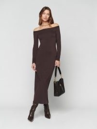 Reformation Prudence Knit Dress in Mole ~ fitted dark brown soft and stretchy bardot dresses ~ off the shoulder fashion