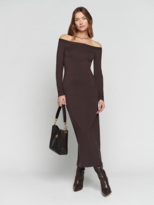 Reformation Prudence Knit Dress in Mole ~ fitted dark brown soft and stretchy bardot dresses ~ off the shoulder fashion - flipped