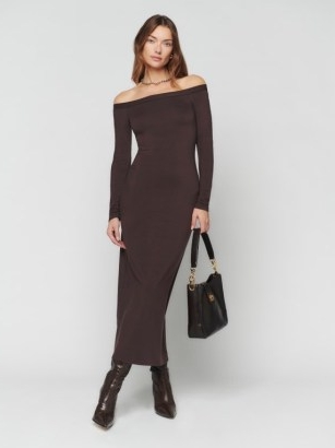 Reformation Prudence Knit Dress in Mole ~ fitted dark brown soft and stretchy bardot dresses ~ off the shoulder fashion