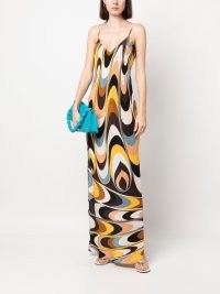 PUCCI abstract V-neck maxi dress in multicolour | long length printed silk slip dresses | deep V-neck | strappy occasion fashion | cami strap evening clothes