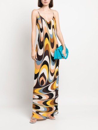PUCCI abstract V-neck maxi dress in multicolour | long length printed silk slip dresses | deep V-neck | strappy occasion fashion | cami strap evening clothes - flipped