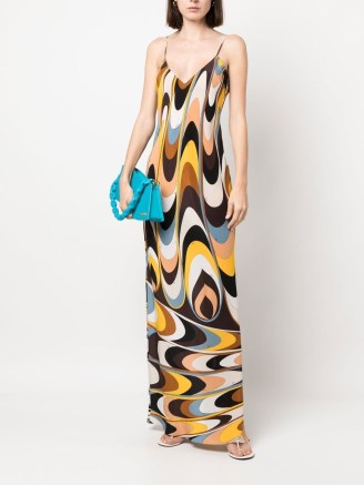 PUCCI abstract V-neck maxi dress in multicolour | long length printed silk slip dresses | deep V-neck | strappy occasion fashion | cami strap evening clothes