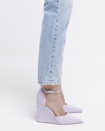 RIVER ISLAND PURPLE HEELED WEDGE SHOES ~ ankle strap wedges ~ wedged heels - flipped