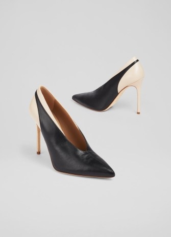 L.K. BENNETT Quinny Black and Ecru Leather High Topline Courts / chic retro style court shoes / colour block pumps - flipped