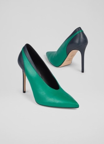 L.K. BENNETT Quinny Green and Navy Leather High Topline Courts ~ high vamp colourblock court shoes - flipped