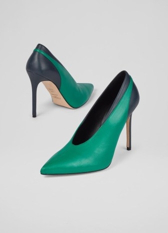 L.K. BENNETT Quinny Green and Navy Leather High Topline Courts ~ high vamp colourblock court shoes