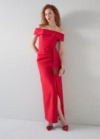 L.K. BENNETT Rampling Red Crepe Bodycon Maxi Dress – long length bardot dresses – glamorous evening fashion – off the shoulder occasion clothes
