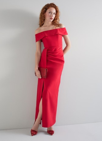 L.K. BENNETT Rampling Red Crepe Bodycon Maxi Dress – long length bardot dresses – glamorous evening fashion – off the shoulder occasion clothes - flipped