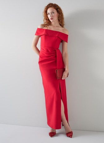 L.K. BENNETT Rampling Red Crepe Bodycon Maxi Dress – long length bardot dresses – glamorous evening fashion – off the shoulder occasion clothes