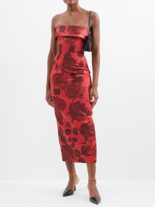 EMILIA WICKSTEAD Keeley floral-print duchess-satin strapless dress in red ~ elegant bandeau pencil dresses / rose print occasion fashion - flipped