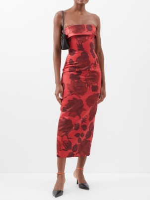 EMILIA WICKSTEAD Keeley floral-print duchess-satin strapless dress in red ~ elegant bandeau pencil dresses / rose print occasion fashion
