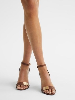 REISS ADA SANDALS STRAPPY HEEL SANDALS BROWN ~ barely there heels with a gold tone hardware detail - flipped