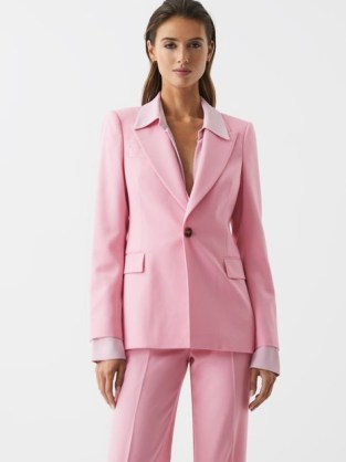 REISS BLAIR SINGLE BREASTED WOOL BLEND BLAZER PINK ~ womens one button closure jackets ~ chic and feminine blazers - flipped