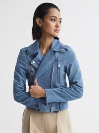 REISS SANTIAGO SUEDE BIKER JACKET BLUE ~ womens zip and stud detail jackets ~ women’s luxe fashion