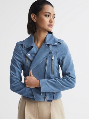 REISS SANTIAGO SUEDE BIKER JACKET BLUE ~ womens zip and stud detail jackets ~ women’s luxe fashion