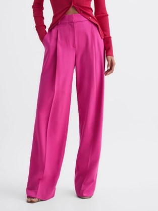 REISS CHRISTA WIDE LEG WOOL PLEATED TROUSERS PINK