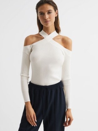 REISS PAMILLA RIBBED HALTER NECK TOP CREAM – cold shoulder tops – chic halterneck fashion - flipped