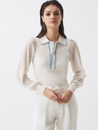 Reiss FRAN SHEER SLEEVE TOP WHITE – womens luxe collared tops - flipped
