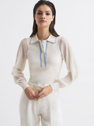 Reiss FRAN SHEER SLEEVE TOP WHITE – womens luxe collared tops