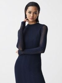 REISS LILIBET KNITTED BODYCON MIDI DRESS NAVY – dark blue semi sheer fitted dresses