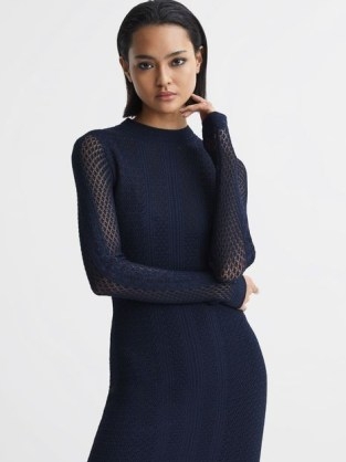 REISS LILIBET KNITTED BODYCON MIDI DRESS NAVY – dark blue semi sheer fitted dresses - flipped
