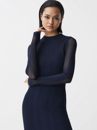 REISS LILIBET KNITTED BODYCON MIDI DRESS NAVY – dark blue semi sheer fitted dresses