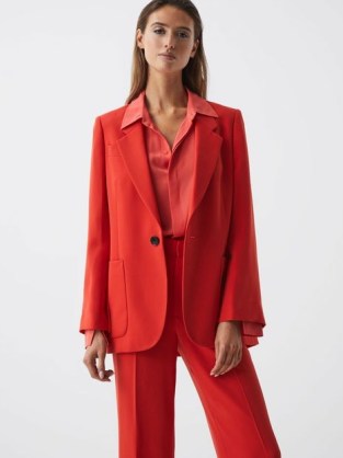 Reiss MAIA SINGLE BREASTED SPLIT SLEEVE TAILORED FIT BLAZER CORAL – vibrant one button closure blazers – womens bright jackets - flipped