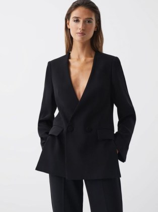 REISS MARGEAUX COLLARLESS DOUBLE-BREASTED BLAZER BLACK – womens contemporary blazers - flipped