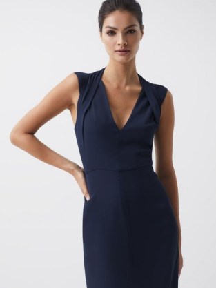 REISS ANDI SHOULDER DETAIL BODYCON DRESS NAVY ~ sleeveless front slit pencil dresses ~ chic dark blue occasion clothes - flipped