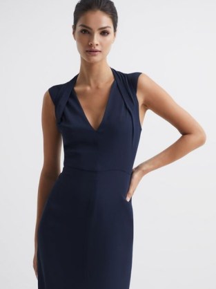 REISS ANDI SHOULDER DETAIL BODYCON DRESS NAVY ~ sleeveless front slit pencil dresses ~ chic dark blue occasion clothes
