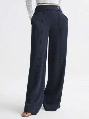 REISS LINA HIGH RISE WIDE LEG TROUSERS NAVY – chic minimalist workwear – womens dark blue wardrobe essentials