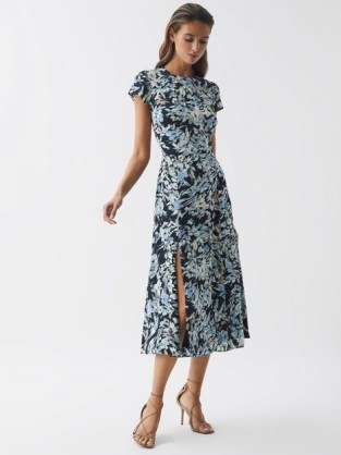 REISS LIVIA PRINTED CUT OUT BACK MIDI DRESS NAVY/BLUE – short sleeved floral print fit and flared occasion dresses - flipped