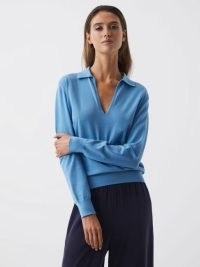 REISS NELLIE DEEP V-COLLARED KNIT TOP BLUE