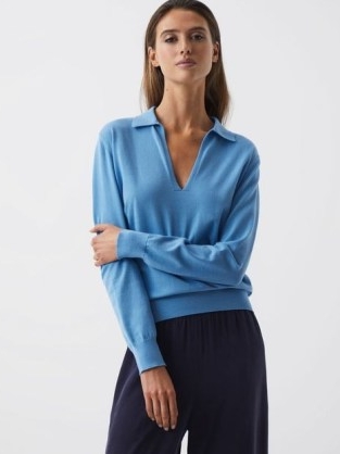 REISS NELLIE DEEP V-COLLARED KNIT TOP BLUE