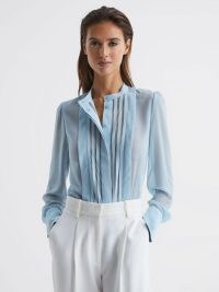 Reiss NOA SHEER STRIPED LONG SLEEVE BLOUSE BLUE – chic mesh panel blouses